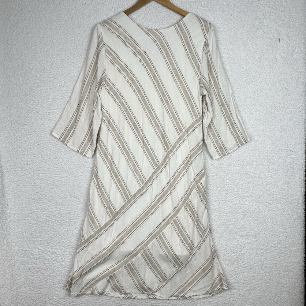 Soft Surroundings Linen Blend Midi Dress Womens L Striped Lined 3/4 Sleeve Beige - Picture 7 of 7